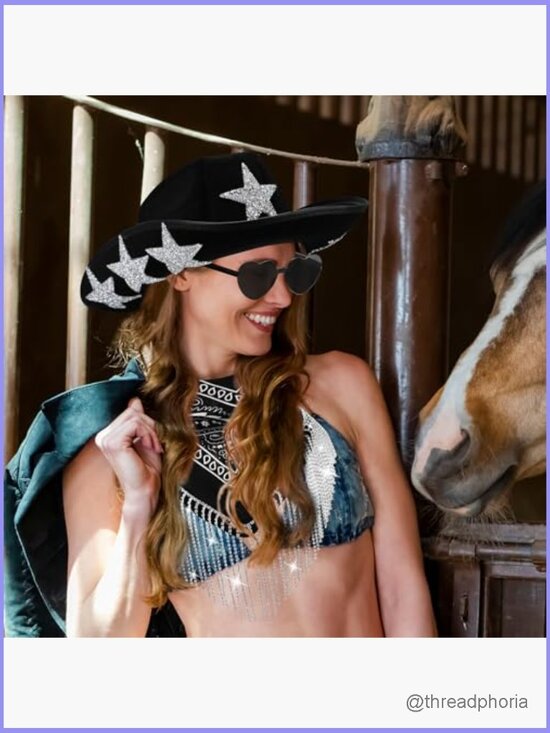 3 Pc Rhinestone Star Cowboy Hat Heart Sunglasses Fringe Bandana Set Cosplay main image 5